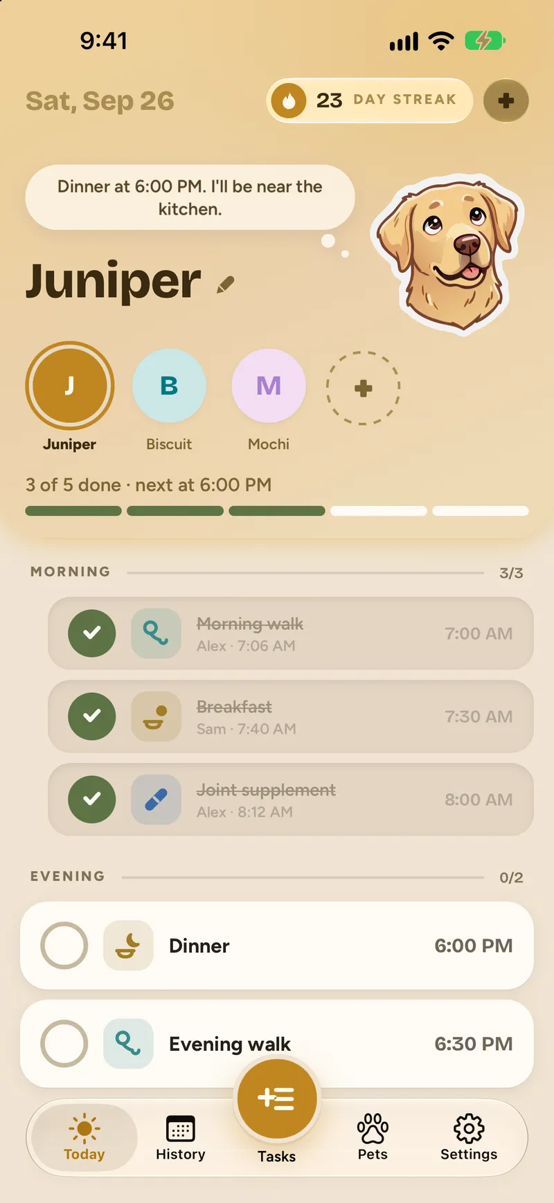 Today for Juniper: three morning tasks ticked off by Alex and Sam, dinner and the evening walk still to do, and Juniper saying “Dinner at 6:00 PM. I’ll be near the kitchen.”