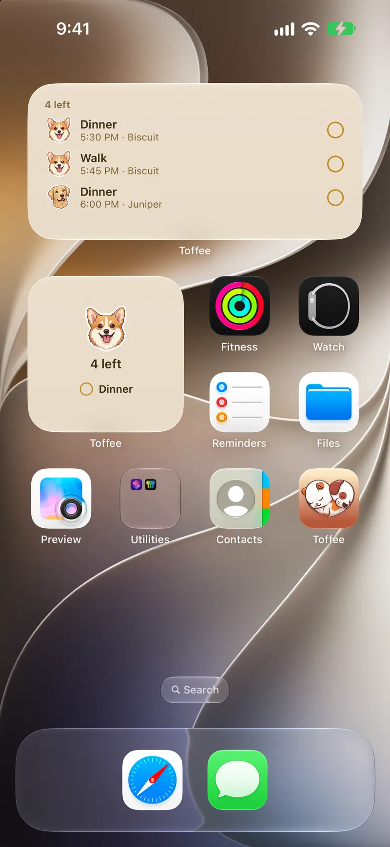 The home screen with Toffee’s medium widget — one row per pet, each with its own face — and the small widget showing the most urgent task with a tick button.